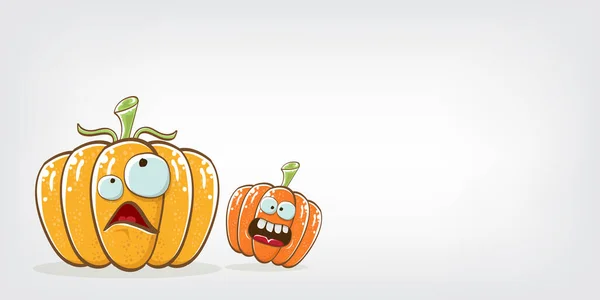 Funky Halloween of Thanksgiving dag horizontale banner met vector grappige cartoon schattig glimlachen vrienden pompoenen geïsoleerd op grijze achtergrond. — Stockvector