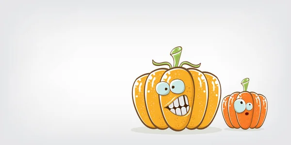 Funky Halloween o Día de Acción de Gracias banner horizontal con vector divertido dibujos animados lindo sonriente amigos calabazas aisladas sobre fondo gris. — Vector de stock