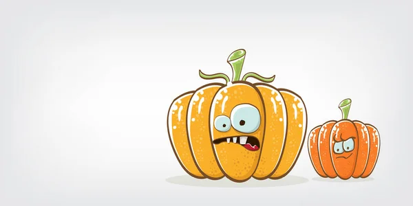 Funky Halloween ou dia de ação de graças banner horizontal com vetor engraçado desenho animado bonito sorrindo amigos abóboras isoladas no fundo cinza. — Vetor de Stock