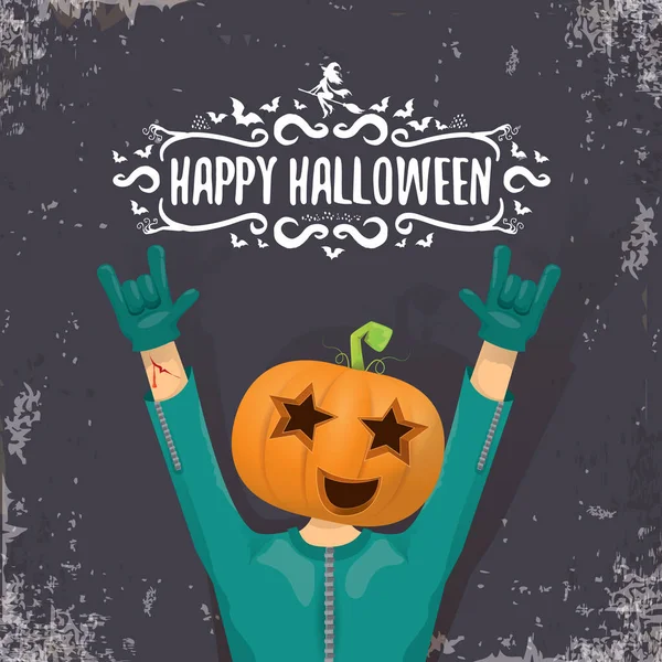 Wektor Happy Halloween twórczy hipster tło partii. mężczyzna w kostiumie Halloween z rzeźbioną głowicą dyni na szarym tle. Happy Halloween rockowy projekt plakatu — Wektor stockowy