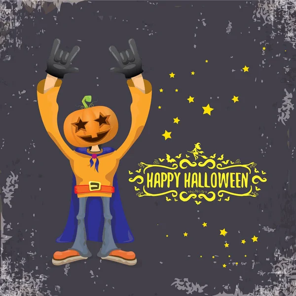 Vecteur Joyeux Halloween créatif fond de fête hipster. homme en costume d'Halloween avec tête de citrouille sculptée sur fond gris. Joyeux Halloween concert de rock affiche design — Image vectorielle