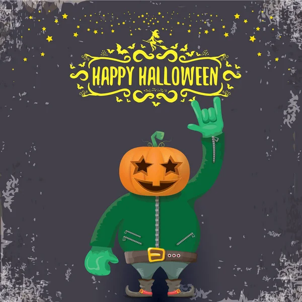 Wektor Happy Halloween twórczy hipster tło partii. mężczyzna w kostiumie Halloween z rzeźbioną głowicą dyni na szarym tle. Happy Halloween rockowy projekt plakatu — Wektor stockowy