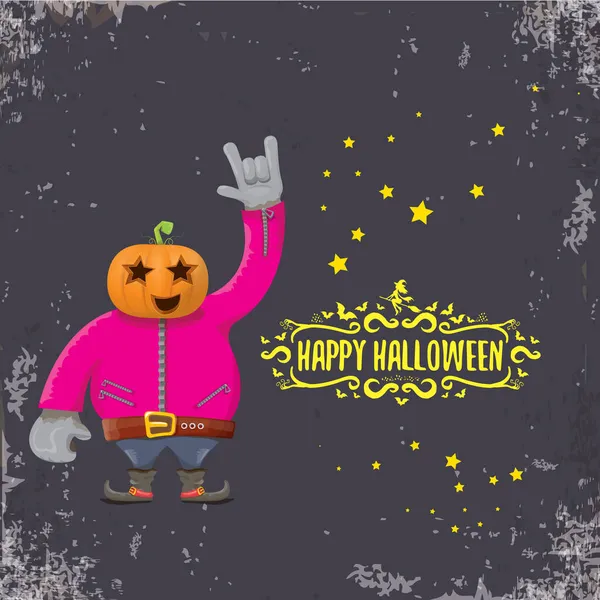 Vector Happy Halloween creative hipster party background. man in Halloween costume with carved pumpkin head on grey background. Happy Halloween rock concert poster design — Stock Vector