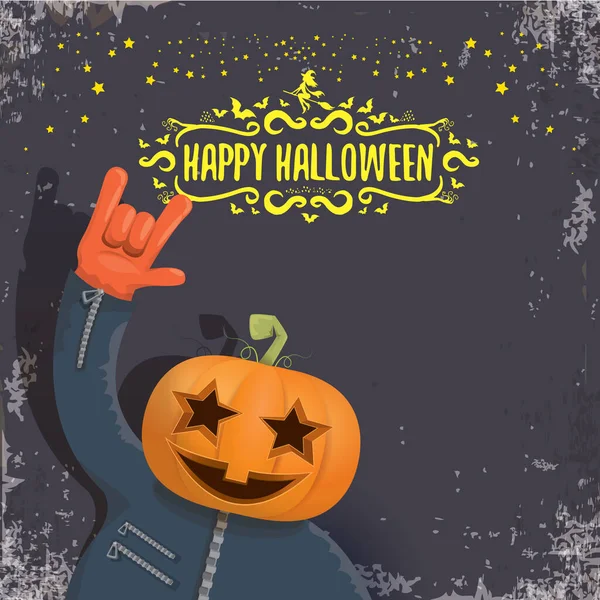 Vecteur Joyeux Halloween créatif fond de fête hipster. homme en costume d'Halloween avec tête de citrouille sculptée sur fond gris. Joyeux Halloween concert de rock affiche design — Image vectorielle