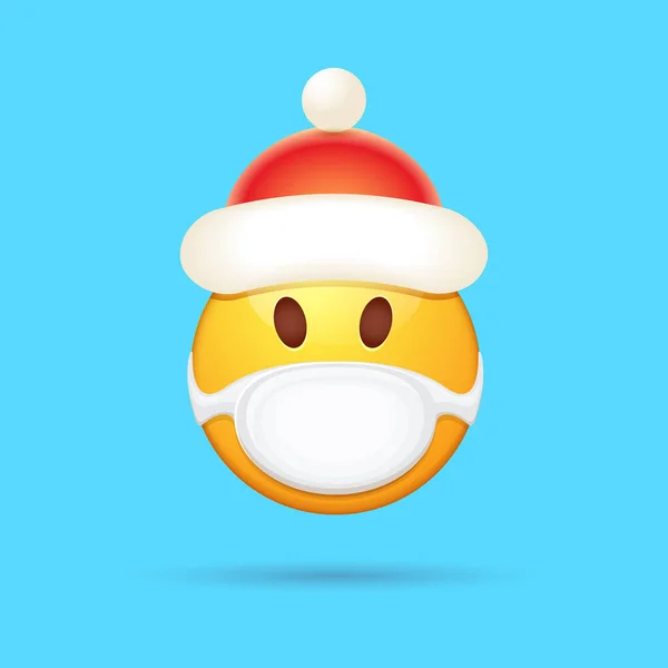 Vector Emoji adesivo com máscara de proteção médica boca e chapéu vermelho Papai Noel isolado no fundo azul. Amarelo santa sorriso personagem rosto com chapéu de Natal e máscara de cirurgião branco. — Vetor de Stock