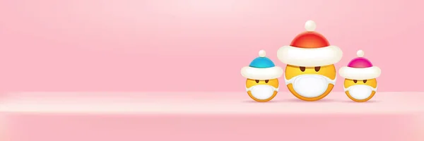Вектор Різдвяний горизонтальний банер з фанк Емодзі наклейка з маскою медичного захисту рота та червоним капелюхом Санти Клауса ізольовані на рожевому фоні подіуму. Жовтий Санта-лікар посмішка набір персонажів — стоковий вектор