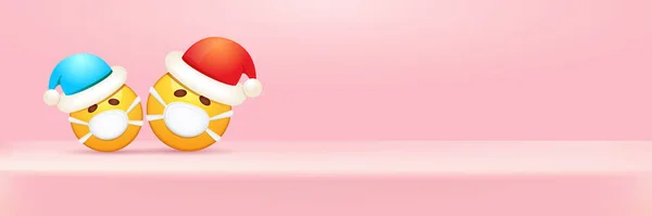 Vektor vánoční horizontální banner s funky Emoji samolepka s ústy lékařskou ochrannou maskou a Santa Claus červený klobouk izolované na růžovém pozadí pódia. Žlutý Santa lékař úsměv tvář znaková sada — Stockový vektor