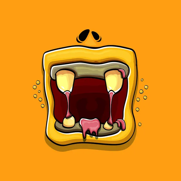 Vector cartoon funny silly zombie monster mouth with rotten teeth isolated on orange background. Vector happy Halloween kids t-shirt design template with funky monster mouth — Stock Vector