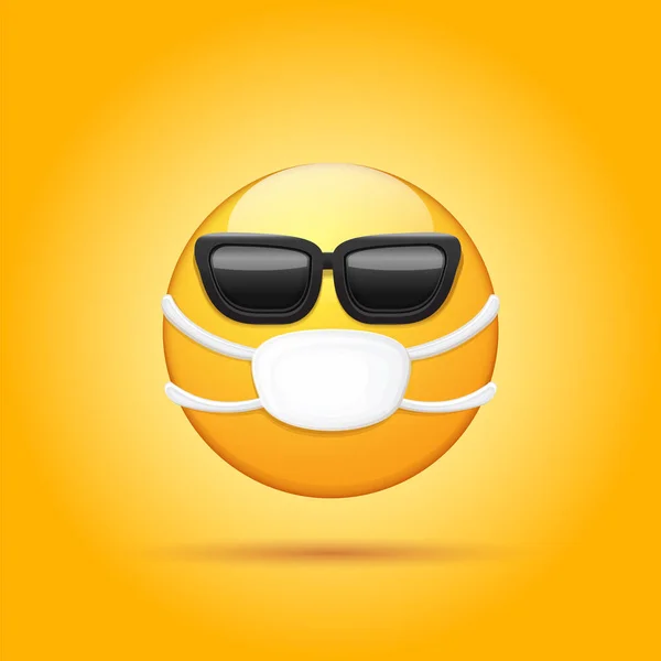 Векторна жовта хвора наклейка Emoji з маскою медичного захисту рота та сонцезахисними окулярами ізольовані на білому тлі. Не посміхайся обличчям персонажа з білою хірургічною маскою. Піктограма концепції самоізоляції — стоковий вектор