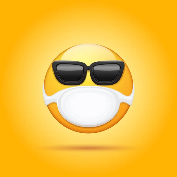 Векторна жовта хвора наклейка Emoji з маскою медичного захисту рота та сонцезахисними окулярами ізольовані на білому тлі. Не посміхайся обличчям персонажа з білою хірургічною маскою. Піктограма концепції самоізоляції — стоковий вектор