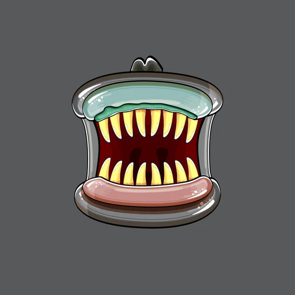 Vector Cartoon lustige dumme Zombie-Monster Mund mit faulen Zähnen isoliert auf grauem Hintergrund. Vector Happy Halloween Kinder T-Shirt Design-Vorlage mit flippigem Monstermund — Stockvektor
