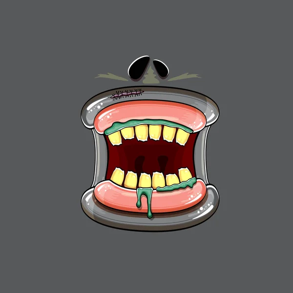 Vektor karikatura legrační hloupé zombie monster ústa s prohnilé zuby izolované na šedém pozadí. Vektor šťastný Halloween děti tričko design šablona s funky monster ústa — Stockový vektor