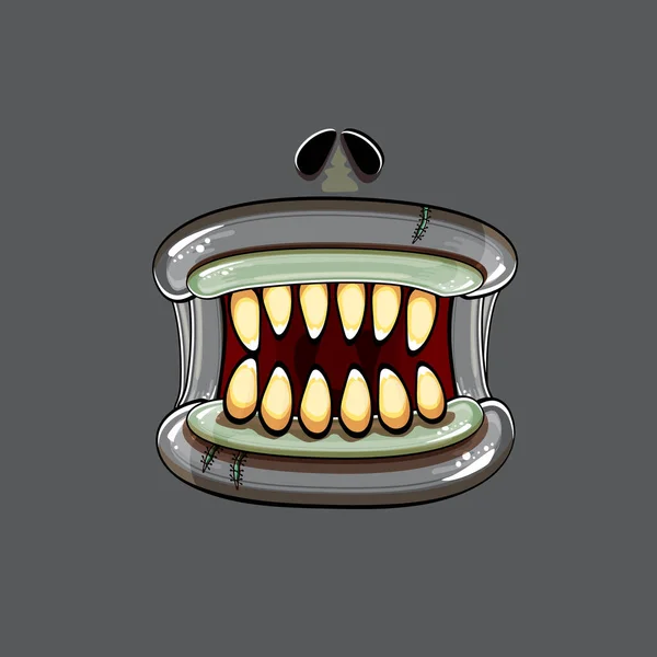 Vector Cartoon lustige dumme Zombie-Monster Mund mit faulen Zähnen isoliert auf grauem Hintergrund. Vector Happy Halloween Kinder T-Shirt Design-Vorlage mit flippigem Monstermund — Stockvektor