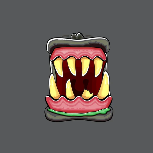 Vector Cartoon lustige dumme Zombie-Monster Mund mit faulen Zähnen isoliert auf grauem Hintergrund. Vector Happy Halloween Kinder T-Shirt Design-Vorlage mit flippigem Monstermund — Stockvektor