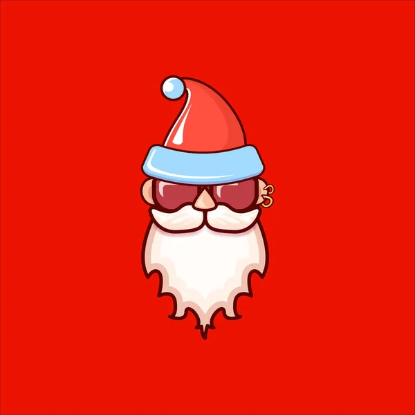 Cabeza de Santa Claus con sombrero rojo de Santa y gafas de sol hipster aisladas sobre fondo rojo navidad. Etiqueta de Santa Claus o diseño de pegatina. Tarjeta de felicitación de Navidad plantilla — Archivo Imágenes Vectoriales