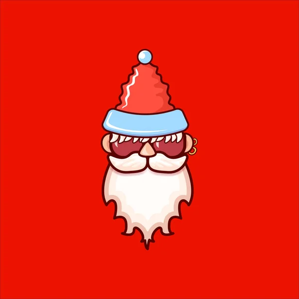 Голова Санта-Клауса в красной шляпе и хипстерских солнцезащитных очках на фоне красного Рождества. Дизайн этикетки Санта Клауса или наклейки. Шаблон рождественских открыток — стоковый вектор