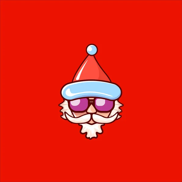 Papai Noel cabeça com chapéu vermelho de Papai Noel e óculos de sol hipster isolado no fundo de Natal vermelho. Etiqueta de Papai Noel ou design de adesivo. Modelo de cartão de saudação de Natal —  Vetores de Stock