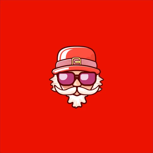 Mikulás fej Mikulás piros kalap és hipster napszemüveg elszigetelt piros karácsonyi háttérrel. Mikulás címke vagy matrica design. Karácsonyi üdvözlőkártya sablon — Stock Vector
