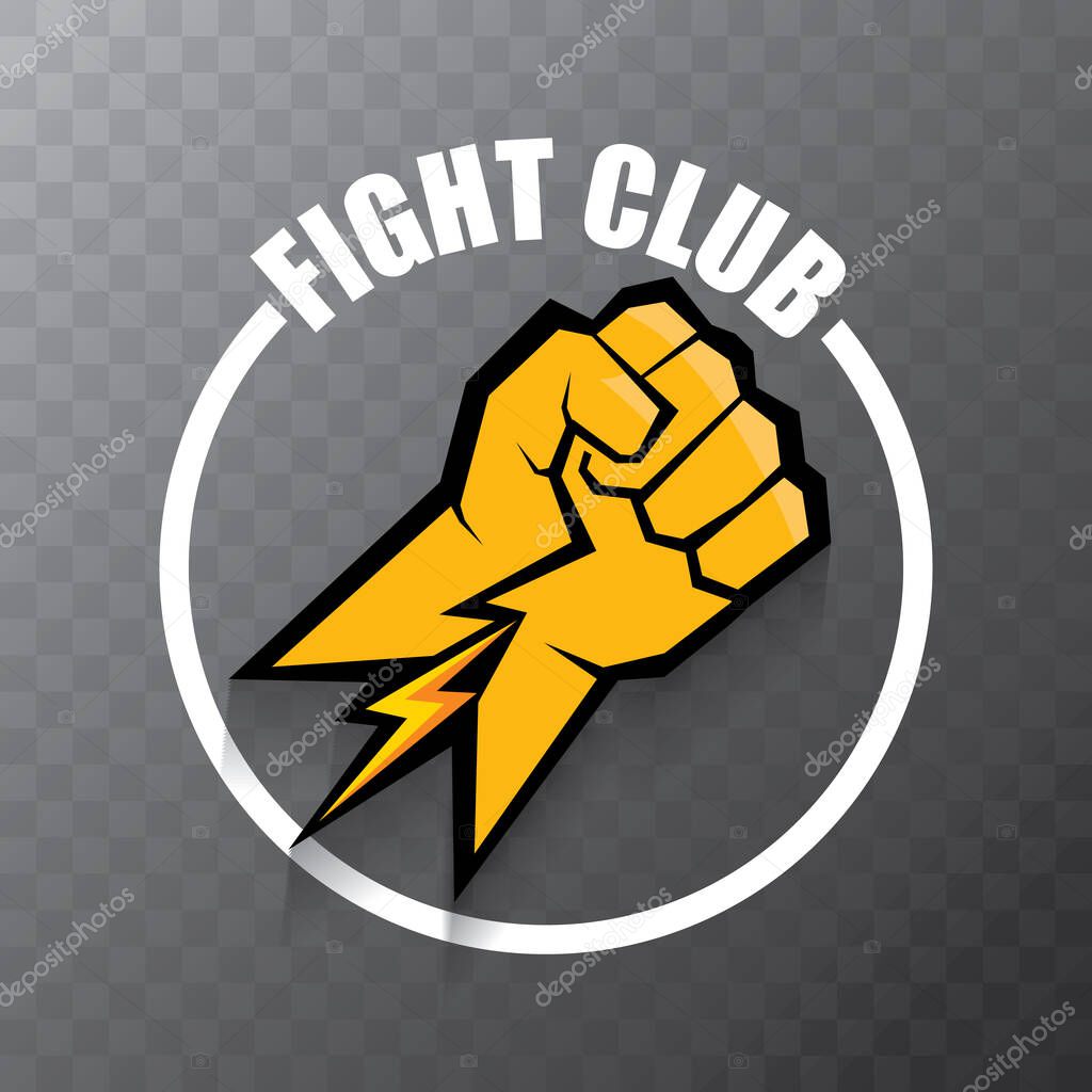 Fight club vector logo with orange man fist isolated on transparent background. MMA Mixed martial art concept design template