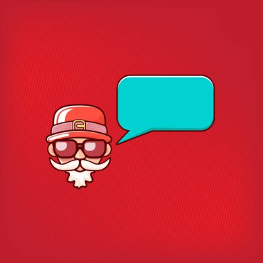 Kırmızı şapkalı, hippi gözlüklü ve kırmızı arka planda izole edilmiş konuşma baloncuklu Noel Baba kafası. Noel Baba etiketi ya da çıkartma tasarımı. Noel tebrik kartı şablonu