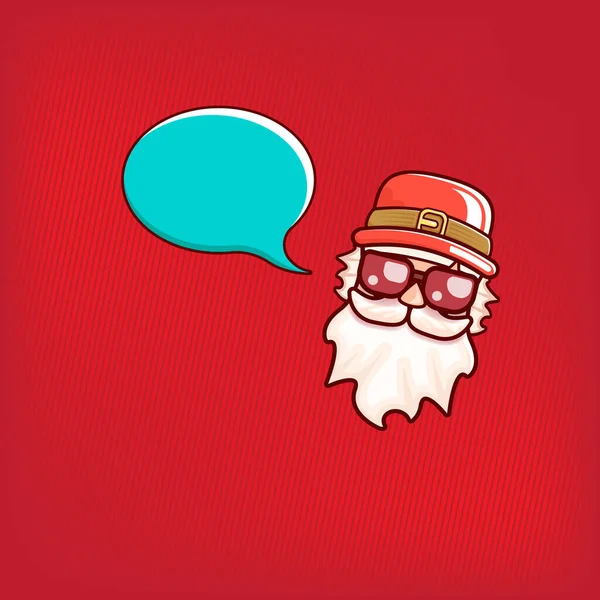 Santa Claus hlava s Santa červený klobouk a hipster sluneční brýle a hlasová bublina izolované na červeném pozadí. Santa Claus štítek nebo nálepka design. Šablona vánočního přání — Stockový vektor