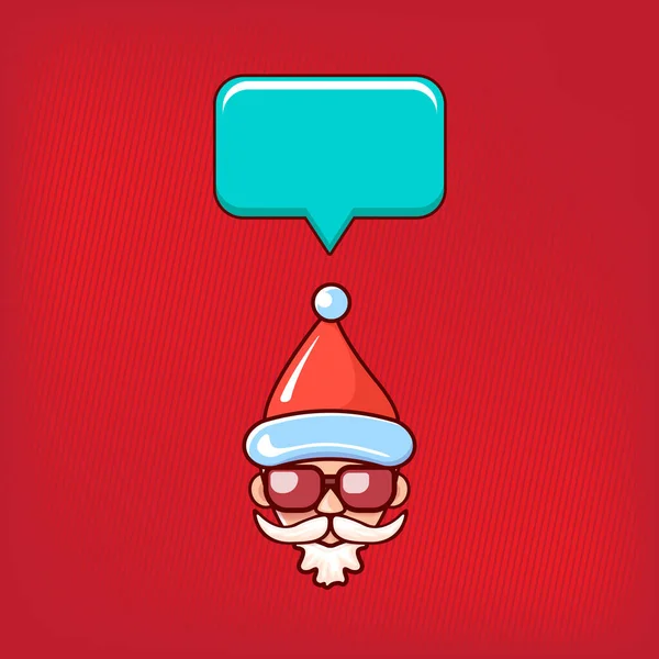 Mikulás fej Mikulás piros kalap és hipster napszemüveg és beszéd buborék elszigetelt piros háttérrel. Mikulás címke vagy matrica design. Karácsonyi üdvözlőkártya sablon — Stock Vector