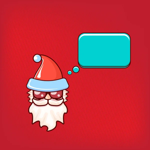 Mikulás fej Mikulás piros kalap és hipster napszemüveg és beszéd buborék elszigetelt piros háttérrel. Mikulás címke vagy matrica design. Karácsonyi üdvözlőkártya sablon — Stock Vector