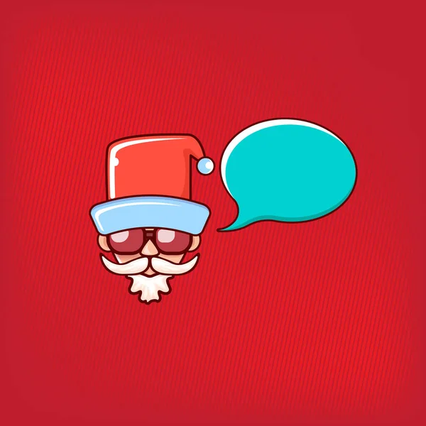 Cabeza de Santa Claus con sombrero rojo de Santa y gafas de sol hipster y burbuja de habla aislada sobre fondo rojo. Etiqueta de Santa Claus o diseño de pegatina. Tarjeta de felicitación de Navidad plantilla — Vector de stock