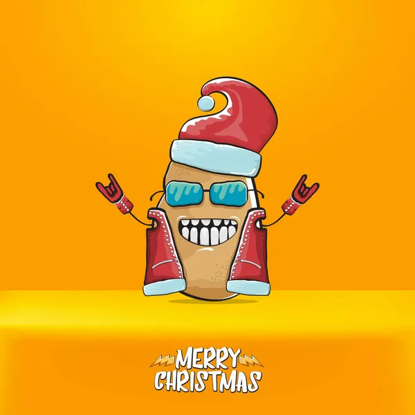 Vector rock star Santa Claus potato funny cartoon cute character with red Santa hat and calligraphic merry Christmas text isolated on orange background. Rock n roll funky Christmas party banner — Stock Vector