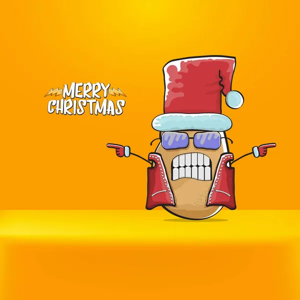 Vektor rockstjärna Santa Claus potatis rolig tecknad söt karaktär med röd Santa hatt och kalligrafisk God Jul text isolerad på orange bakgrund. Rock n roll funky Julfest banner — Stock vektor