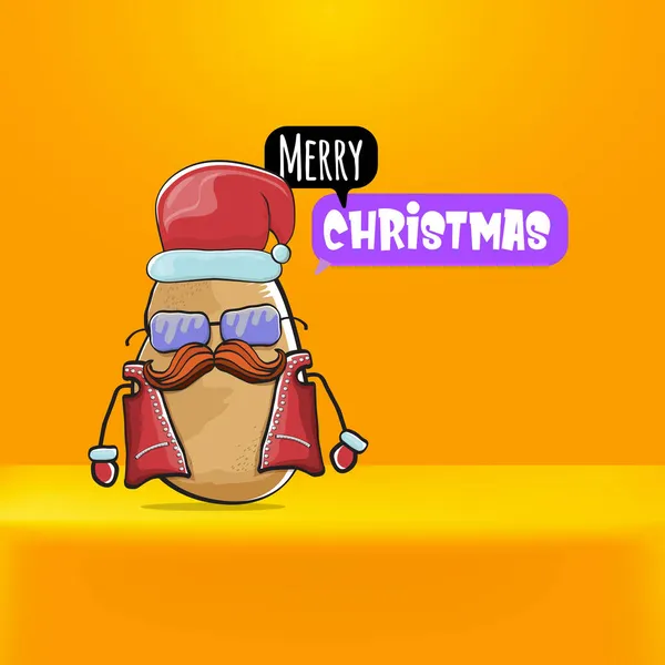 Vector rock star Santa Claus potato funny cartoon cute character with red Santa hat and calligraphic merry Christmas text isolated on orange background. Rock n roll funky Christmas party banner — Stock Vector