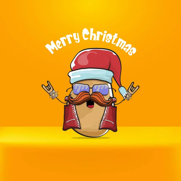 Vector estrella de rock Papá Noel patata divertida caricatura lindo personaje con sombrero de Santa rojo y caligrafía alegre texto de Navidad aislado sobre fondo naranja. Rock n roll funky banner de fiesta de Navidad — Archivo Imágenes Vectoriales