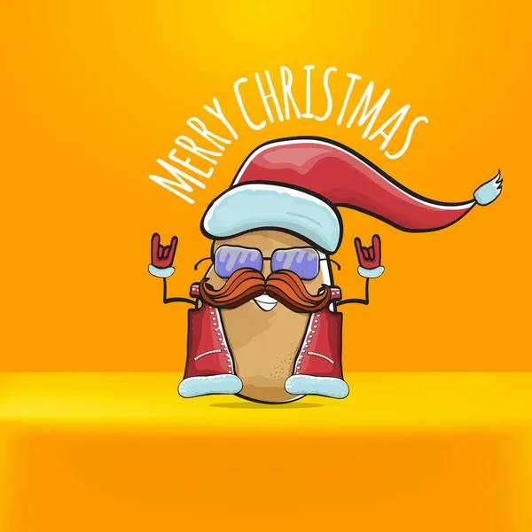 Vector estrella de rock Papá Noel patata divertida caricatura lindo personaje con sombrero de Santa rojo y caligrafía alegre texto de Navidad aislado sobre fondo naranja. Rock n roll funky banner de fiesta de Navidad — Archivo Imágenes Vectoriales