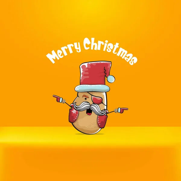 Vecteur rock star Santa Claus pomme de terre drôle personnage de dessin animé mignon avec chapeau rouge Père Noël et calligraphique texte joyeux Noël isolé sur fond orange. Rock n roll funky bannière de fête de Noël — Image vectorielle