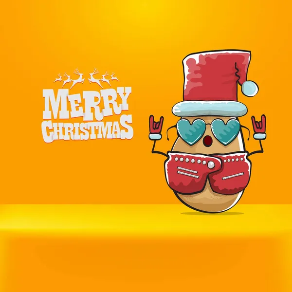 Vector rock star Santa Claus potato funny cartoon cute character with red Santa hat and calligraphic merry Christmas text isolated on orange background. Rock n roll funky Christmas party banner — Stock Vector