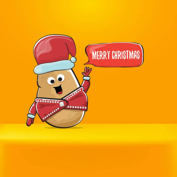 Vector estrella de rock Papá Noel patata divertida caricatura lindo personaje con sombrero de Santa rojo y caligrafía alegre texto de Navidad aislado sobre fondo naranja. Rock n roll funky banner de fiesta de Navidad — Vector de stock
