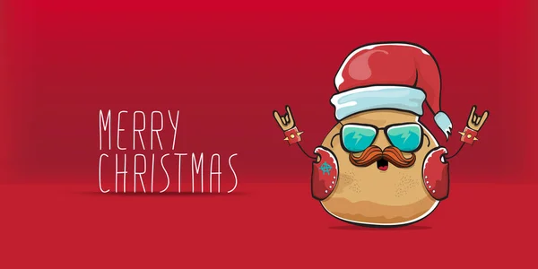 Vector rock star santa potato funny cartoon cute character with with red santa hat and calligraphic merry christmas text isolated on red horizontal background. rock n roll christmas party banner — Stock Vector