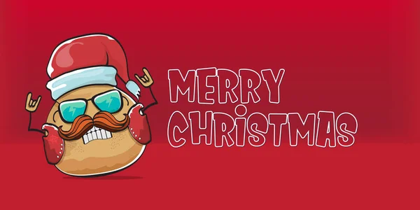 Vektorová rocková hvězda Santa Brambor legrační karikatura roztomilá postava s červenou Santa klobouk a kaligrafie Veselé Vánoce text izolovaný na červeném horizontálním pozadí. rock n roll vánoční večírek banner — Stockový vektor