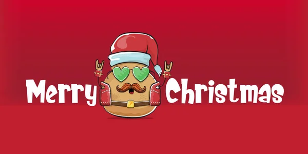 Vector rock star santa potato funny cartoon cute character with with red santa hat and calligraphic merry christmas text isolated on red horizontal background. rock n roll christmas party banner — Stock Vector