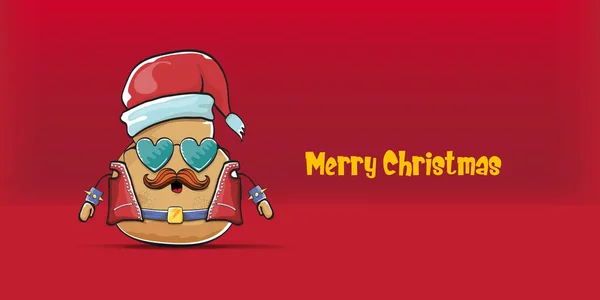 Vecteur rock star santa pomme de terre drôle personnage mignon de dessin animé avec chapeau santa rouge et texte calligraphique joyeux Noël isolé sur fond horizontal rouge. bannière de fête de Noël rock n roll — Image vectorielle