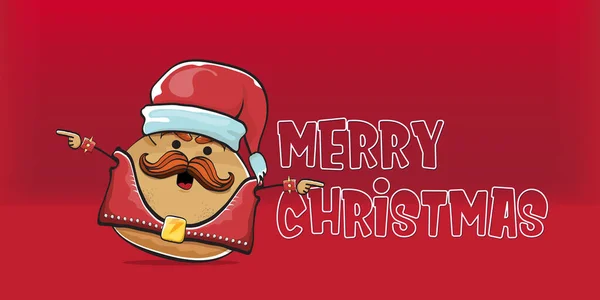赤いサンタの帽子と赤い水平線の背景に隔離された書道メリークリスマステキストとベクトルロックスターサンタポテト面白い漫画かわいいキャラクター。ロックnロールクリスマスパーティーバナー — ストックベクタ