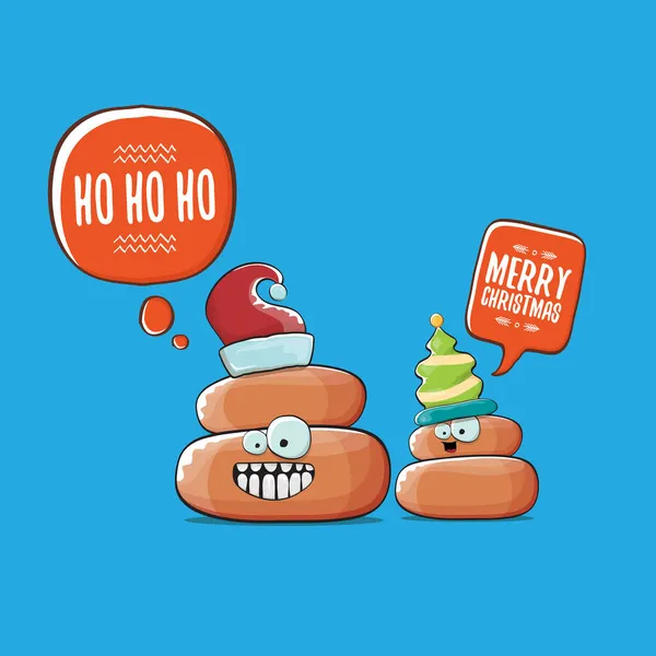 Funky Natal mão desenhada cartão de saudação. vetor engraçado cartoon legal pequeno personagem de cocô marrom com o Papai Noel vermelho e seu amigo elfo cocô isolado no fundo azul, — Vetor de Stock