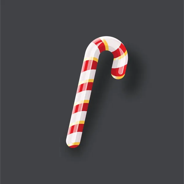 Bastoncino di zucchero natalizio con ombra isolata su sfondo grigio. Cartone animato di Natale spogliato lecca-lecca. Canna da zucchero vettore — Vettoriale Stock