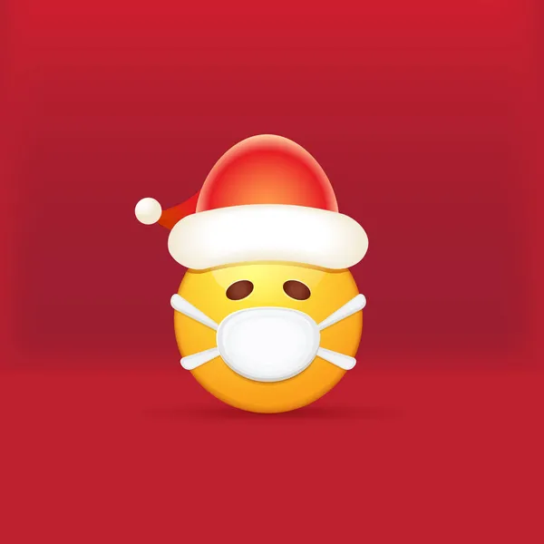 Vector Emoji-Aufkleber mit Mundschutz und Weihnachtsmann-Mütze auf rotem Hintergrund. Gelbe Weihnachtsmann Lächeln Gesicht Charakter mit Weihnachtsmütze und weiße Chirurgenmaske. — Stockvektor