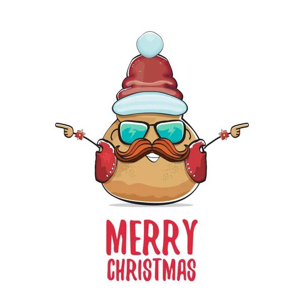 Vector estrella de rock santa patata divertido personaje lindo de dibujos animados con sombrero de santa rojo y caligrafía feliz texto de Navidad aislado sobre fondo blanco. rock n roll cartel de la fiesta de Navidad — Archivo Imágenes Vectoriales