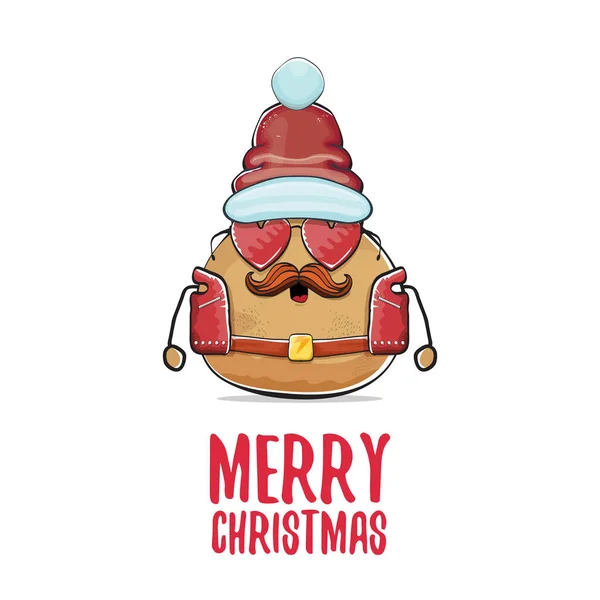 Vektor Rockstar Santa Potato lustige Cartoon niedliche Figur mit rotem Weihnachtsmann Hut und kalligrafische frohe Weihnachten Text isoliert auf weißem Hintergrund. Rock n Roll Weihnachtsfeier Poster — Stockvektor