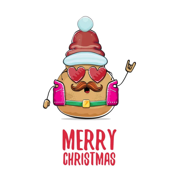 Vektor Rockstar Santa Potato lustige Cartoon niedliche Figur mit rotem Weihnachtsmann Hut und kalligrafische frohe Weihnachten Text isoliert auf weißem Hintergrund. Rock n Roll Weihnachtsfeier Poster — Stockvektor
