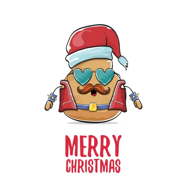 Vecteur rock star santa pomme de terre drôle personnage mignon de dessin animé avec chapeau santa rouge et texte calligraphique joyeux Noël isolé sur fond blanc. affiche de fête de Noël rock n roll — Image vectorielle