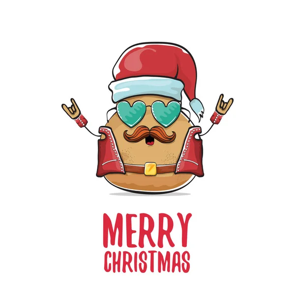矢量摇滚明星桑塔土豆滑稽漫画可爱的人物与红色的桑塔帽子和书法作品欢乐圣诞文字孤立的白色背景。摇滚，摇滚，圣诞派对海报 — 图库矢量图片