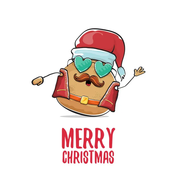 Vektor Rockstar Santa Potato lustige Cartoon niedliche Figur mit rotem Weihnachtsmann Hut und kalligrafische frohe Weihnachten Text isoliert auf weißem Hintergrund. Rock n Roll Weihnachtsfeier Poster — Stockvektor